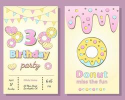 tarjeta de invitación para celebración de cumpleaños con donut. vector