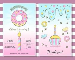 Happy birthday vertical invitation card with donuts. Vertical invitation card for birthday celebration. Web design or printing vector