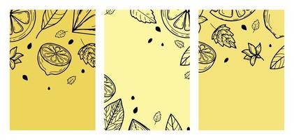 Set background with lemon, flower, leaves. Hand-drawn vector illustration of fruits. In the style of an engraving with colored spots.Citrus, botanical design. For posters, prints, wallpapers, covers