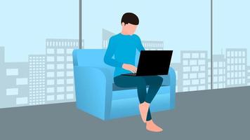 man working on laptop sitting on sofa, work from home and flexible work hour character vector illustration.