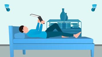 man working on laptop on the bed, work from home and flexible work hour character vector illustration.