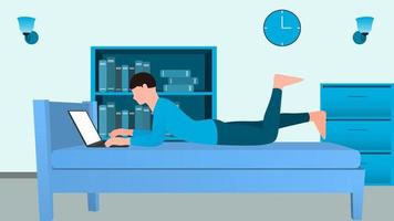 man working on laptop on the bed, work from home and flexible work hour character vector illustration.