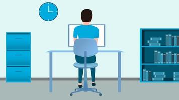 hombre que trabaja en el escritorio de la computadora de la oficina desde la vista posterior, trabajo desde casa e ilustración de vector de carácter de hora de trabajo flexible.