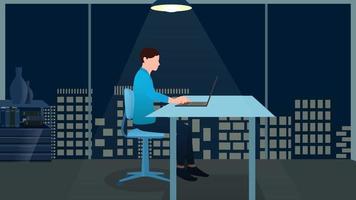 man working on laptop at office desk at midnight, work from home and flexible work hour character vector illustration.