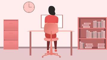 mujer que trabaja en el escritorio de la computadora de la oficina desde atrás, trabajo desde casa e ilustración de vector de carácter de hora de trabajo flexible.