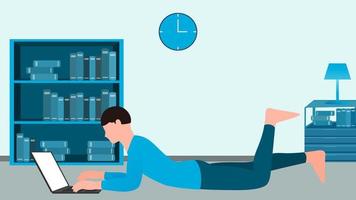 man working on laptop on the floor, work from home and flexible work hour character vector illustration.