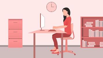 mujer que trabaja en el escritorio de la computadora de la oficina desde la vista lateral, trabajo desde casa e ilustración de vector de carácter de hora de trabajo flexible.