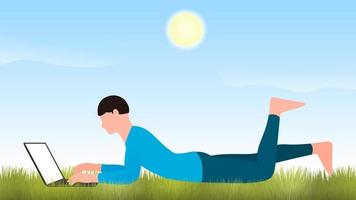 man working on laptop on garden grass, work from home and flexible work hour character vector illustration.