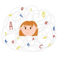 Upset light-skinned child with invisible disease dyslexia. Concept of dyslexic girl in the chaos of letters in cartoon style vector