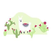 vector lindo lama con cactus en dibujos animados estilo infantil dibujado a mano. personaje animal divertido para guardería, ropa de bebé, diseño textil y de productos, papel pintado, papel de envolver, tarjeta, álbum de recortes