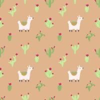Lama alpaca seamless pattern with cactus. Vector illustration of nursery characters in cartoon hand drawn doodle childish style