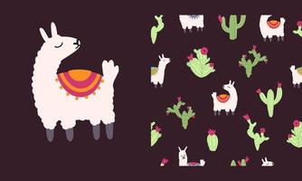 lama alpaca de patrones sin fisuras con cactus. ilustración vectorial de personajes de guardería en dibujos animados dibujados a mano garabato estilo infantil vector