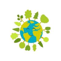 vector illustration of Earth planet with trees around in cartoon hand drawn style. Concept of save the planet, Earth Day, save the world, ecology and the environment