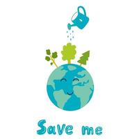 vector illustration of Earth planet with watering can watering trees in cartoon hand drawn style. Concept of save the planet, Earth Day, save the world, ecology and the environment