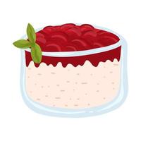 Vector illustration of dessert with cream and cherry syrup in jar. Sweet delicious dish