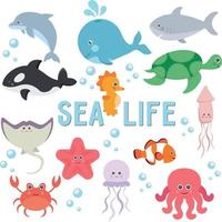 Clipart Sea Life Set of Illustrations of Animals Underwater World Marine Inhabitants vector