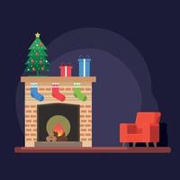 chimenea de la noche de navidad esperando un árbol de regalo vector