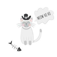 lindo gato con un sombrero pirata junto a un esqueleto de pescado habla como una tarjeta del día pirata vector