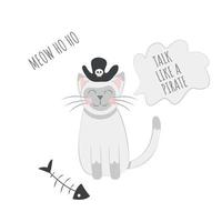 Cute Cat Wearing a Pirate Hat Next to a Fish Skeleton Talk Like a Pirate Day Card vector