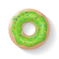Donut isolated background. Cute donut. Colorful and glossy donut with green glaze and multicolored powder. Realistic vector illustration