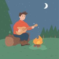 Person playing guitar near camping fire vector