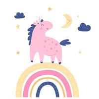 Unicorn on rainbow among start and moon in  cartoon style vector