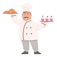 Cartoon baker with cakes and croissants. Confectioner with sweet bakery products. vector