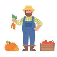 agricultor con cosecha de verduras y frutas. calabazas, manzanas, zanahorias. vector