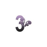 número 3 con vector de diseño de logotipo de icono de mariposa