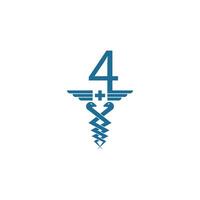 número 4 con vector de diseño de logotipo de icono de caduceo