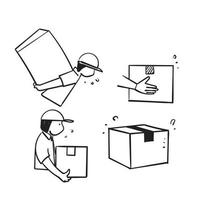 el repartidor de garabatos dibujado a mano levanta y envía la ilustración del paquete vector