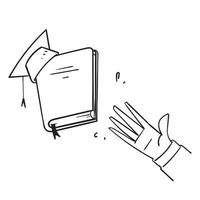 dibujado a mano las manos del garabato alcanzan o lanzan para el libro y el vector de ilustración del sombrero de graduación aislado