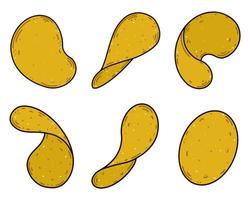 A set of potato or corn chips. Isolated illustration on a white background. Crispy slices of fried vegetables. Vector icons. Hand drawn snack. Flat cartoon style.