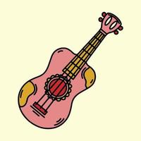 Classical wooden guitar vector icon. Hand drawn illustration isolated on white background. Vintage musical instrument with strings. Color clipart with outline, for decoration and design