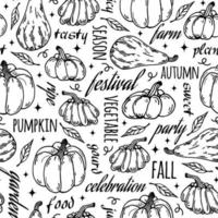 Ripe pumpkins, autumn leaves, seamless vector pattern with text. Hand drawn doodle on white background. Outline garden vegetables, food sketch. Backdrop for Thanksgiving, Halloween