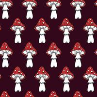 Amanitas seamless vector pattern. Red poisonous mushrooms. Hand-drawn illustration on dark background. Toxic grebe, cartoon backdrop for decoration, t-shirt design, fabric, web