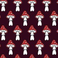 Amanitas seamless vector pattern. Red poisonous mushrooms. Hand-drawn illustration on dark background. Toxic grebe, cartoon backdrop for decoration, t-shirt design, fabric, web