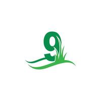 Number 9 behind a green grass icon logo design vector