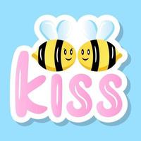 Cute bumblebee with kiss concept, bee kiss flat sticker vector