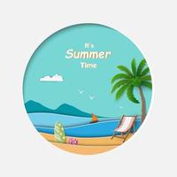 Summertime concept on paper cut out round frame,view of blue sea with beach,surfboard,coconut tree and boat vector