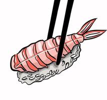 Sushi with shrimp illustration. Eating with chopstics vector