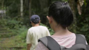 Rear view of female teenager walking follow her mother in tropical rainforest. video