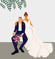 The bride and groom at the wedding photo shoot are happy and love each other. vector