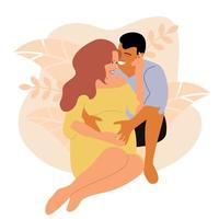 Pregnancy and childbirth. Happy pregnant woman is sitting with her husband. The man takes care and hugs his wife. Vector flat illustration on beige background