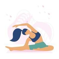 Happy woman practices yoga for relaxation. Pink interior in the yoga studio. Pilates lessons, stretching, fitness, sports, yoga poses vector