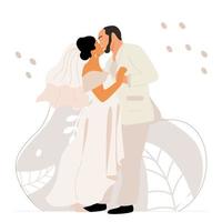 A groom in a beige tuxedo kisses his bride in a wedding dress with a hem and a long veil. Vector illustration of lovers.