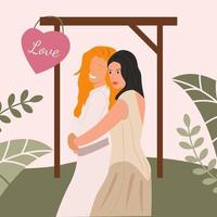 Two lesbian women in wedding dresses are happy and engaged. Beige vector illustration.