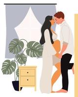 A young couple is expecting the birth of their baby in the hospital. The wife is in a beige robe and underwear. The husband cares and supports his beloved. Partner childbirth and young parents. Vector