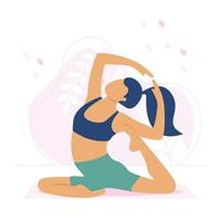 la mujer deportiva practica yoga en la alfombra y hace prácticas de respiración. vector