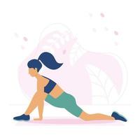 Happy woman practices yoga for relaxation. Pink interior in the yoga studio. Pilates lessons, stretching, fitness, sports, yoga poses, lunges vector